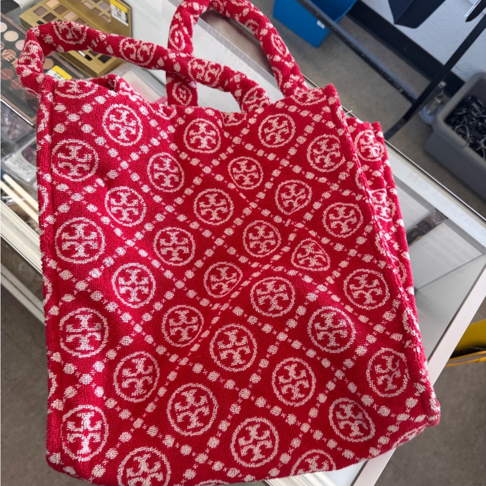Tory Burch Red and White Geometric Tote